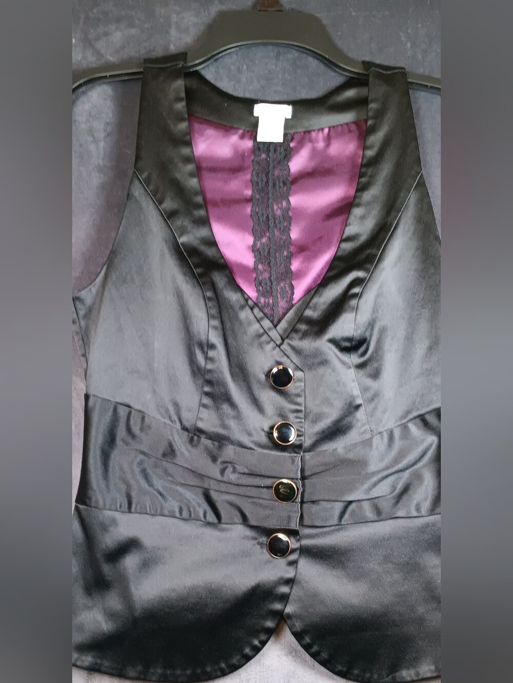 Studio Y Black Satin Double Vest with Purple Lace Panel Lining.